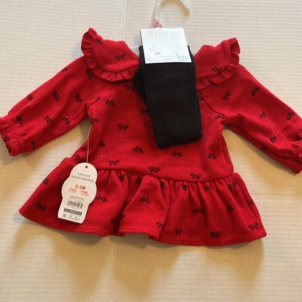 NWT-wonder nation-0/3-red/black-2 piece dress with footed tights. Soft red dress - Picture 2 of 10